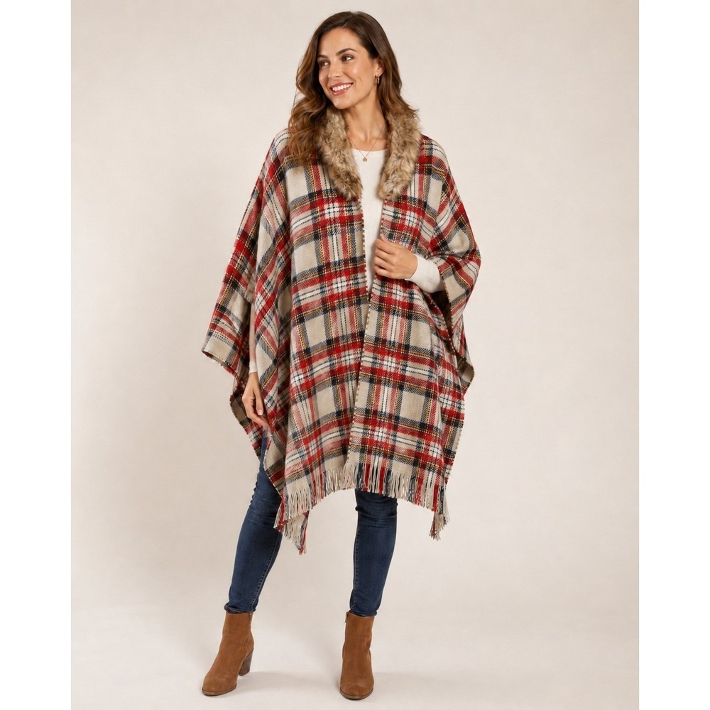 Rainy Day Scarf Poncho Wrap Plaid Reversible Removable Faux Fur Fringe Fall Cozy